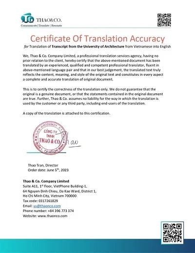 Thao & Co. Certificate of Translation Accuracy (Sample)