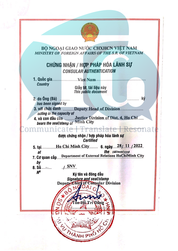 Example of Consular Authentication of a foreign document for use in Vietnam