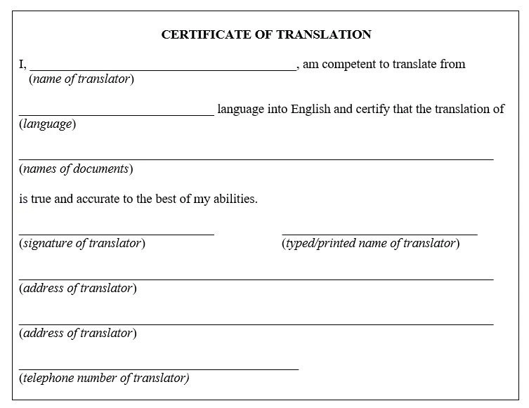 A certificate of translation template