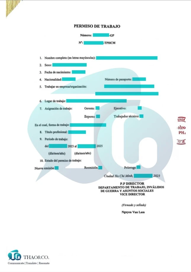 Vietnamese to Spanish notarized translation of Work Permit